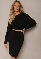 Czarny Bawełniany Komplet Bluza i Spódnica z Wsuwanymi Kieszeniami i Gumką w Pasie Morune. Czarne bluzy Renee, m, bez wzorów, z bawełny, bez kaptura. W wyprzedaży za 91.99 zł.