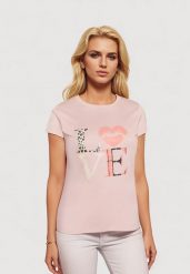 Jasnoróżowy T-shirt z Krótkim Rękawem i Ozdobnym Nadrukiem Testolene. Czerwone t-shirty Born2be, plus size, bez wzorów, z jeansu, klasyczne, bez kołnierzyka, bez ramiączek. Za 59.99 zł.