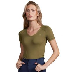 Damska koszulka do jazdy konnej Premier Equine Prospero. Zielone t-shirty sportowe PREMIER EQUINE, bez wzorów, z nylonu, bez ramiączek, na fitness i siłownię. Za 257.50 zł.