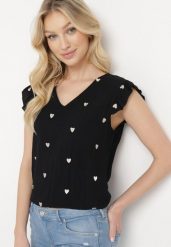 Czarna Bluzka Top z Wiskozy bez Rękawów z Falbankami w Haftowane Serduszka Taella. Czarne topy Born2be, l, bez wzorów, z jeansu, eleganckie, bez kołnierzyka, bez ramiączek. Za 89.99 zł.