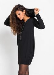 Sukienka z dżerseju z kapturem. Czarne sukienki bonprix, bez wzorów, z dżerseju, eleganckie, bez kołnierzyka, bez ramiączek. Za 49.99 zł.