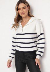 Biało-Granatowy Golf Sweter Zapinany na Suwak w Paski Sakine. Białe swetry Born2be, m, bez wzorów, bez ramiączek. W wyprzedaży za 118.99 zł.