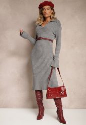 Szara Dopasowana Sukienka z Prążkowanej Dzianiny z Wiskozą z Kołnierzykiem Salivira. Szare sukienki Renee, na co dzień, bez wzorów, z dzianiny, eleganckie, bez kołnierzyka, bez ramiączek, midi, dopasowane. W wyprzedaży za 80.49 zł.