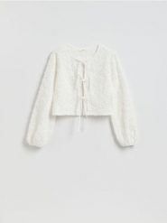 Bluzka z wiązaniami - biały. Białe bluzki Reserved, l, bez wzorów, z dzianiny, bez kołnierzyka, bez ramiączek. Za 129.99 zł.