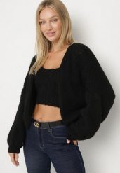 Czarny Kardigan Bez Zapięć z Dodatkowym Topem z Wełną i Wiskozą Fendorie. Czarne swetry Born2be, bez wzorów, z dzianiny, eleganckie, bez ramiączek. Za 169.99 zł.