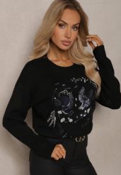 Czarny Sweter Ozdobiony Haftowanym Wzorem w Ptaki Inarielle. Czarne swetry Renee, bez wzorów, casualowe, bez ramiączek. W wyprzedaży za 135.99 zł.