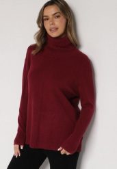 Bordowy Sweter z Golfem i Dodatkiem Kaszmiru Rorizia. Czerwone swetry Born2be, na zimę, z aplikacjami, z jeansu, biznesowe, bez ramiączek. Za 119.99 zł.