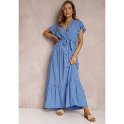 Niebieska Sukienka Metia. Niebieskie sukienki Renee, s, bez wzorów, z materiału, bez kołnierzyka, bez ramiączek, maxi. W wyprzedaży za 63.99 zł.