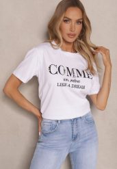Biały T-shirt z Bawełny Ozdobiony Napisami Sanelna. Białe t-shirty Renee, m, bez wzorów, z bawełny, eleganckie, bez kołnierzyka, bez ramiączek. W wyprzedaży za 35.99 zł.