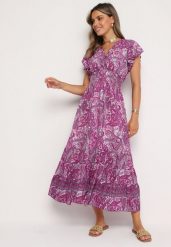 Fioletowa Rozkloszowana Kopertowa Sukienka z Bawełny o Wzorze Paisley z Gumką w Talii Zonne. Fioletowe sukienki Born2be, na co dzień, l, bez wzorów, z bawełny, eleganckie, bez kołnierzyka, bez ramiączek, mini, kopertowe. W wyprzedaży za 38.24 zł.