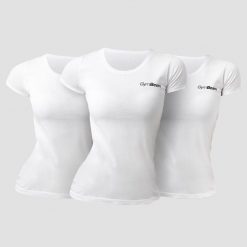 Koszulka damska fitness z krótkim rękawem biała Basic 3Pack. Białe t-shirty sportowe GYMBEAM, xs, bez wzorów, z bawełny, bez ramiączek, na fitness i siłownię. Za 102.90 zł.
