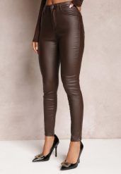 Brązowe Spodnie Skinny z Ekoskóry Zejomi. Brązowe jeansy Renee, xs, bez wzorów, z jeansu, z podwyższonym stanem. W wyprzedaży za 51.99 zł.