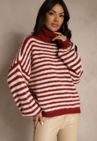 Bordowy Golf z Dodatkiem Wełny Ozdobiony Paskami Monarria. Czerwone swetry Renee, bez wzorów, z jeansu, eleganckie, bez ramiączek. Za 169.99 zł.