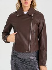 Kurtka ramoneska z imitacji skóry - brązowy. Brązowe kurtki Sinsay, l, bez wzorów, ze skóry, bez kaptura. Za 79.99 zł.
