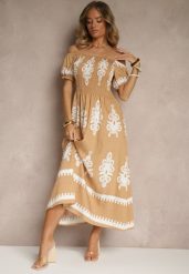 Ciemnobeżowa Sukienka Hiszpanka Ozdobiona Etnicznym Printem Aralette. Brązowe sukienki Renee, na co dzień, l, bez wzorów, eleganckie, bez kołnierzyka, bez ramiączek, rozkloszowane. W wyprzedaży za 67.99 zł.