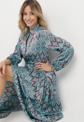 Niebiesko-Bordowa Rozkloszowana Sukienka Ściągana w Pasie Sznurkiem, Zapinana na Guziki Biemarie. Niebieskie sukienki Born2be, na spotkanie biznesowe, l, bez wzorów, bez kołnierzyka, bez ramiączek, maxi, rozkloszowane. W wyprzedaży za 135.99 zł.