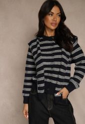 Granatowy Kardigan z Dodatkiem Wełny Zdobiony Wzorem w Paski i Narzutką Fedira. Niebieskie swetry Renee, z aplikacjami, z jeansu, klasyczne, bez ramiączek. Za 119.99 zł.