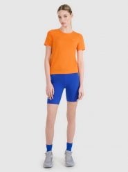 4F Legginsy kolarki do biegania szybkoschnące damskie - niebieskie XS. Niebieskie legginsy 4f, bez wzorów, z dzianiny, sportowe, krótkie. W wyprzedaży za 99.99 zł.