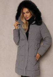 Szara Taliowana Kurtka z Pikowanymi Przeszyciami i Kapturem z Futerkiem Tintelira. Szare kurtki Renee, l, bez wzorów, z dzianiny, eleganckie. Za 299.99 zł.