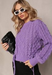 Fioletowy Sweter z Ozdobnym Sznurowaniem na Dole i Ściągaczami Miritu. Fioletowe swetry Renee, bez wzorów, z wiskozy, casualowe, bez ramiączek. W wyprzedaży za 103.99 zł.