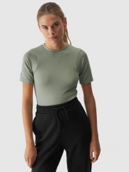 4F T-shirt slim crop-top gładki damski - khaki L. Brązowe t-shirty 4f, l, bez wzorów, z dzianiny, sportowe, bez kołnierzyka, bez ramiączek. W wyprzedaży za 29.99 zł.