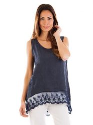 Lin Passion Lniany top w kolorze granatowym rozmiar: 40/42. Niebieskie topy Lin Passion, bez wzorów, z koronki, klasyczne, bez kołnierzyka, bez ramiączek. Za 173.99 zł.