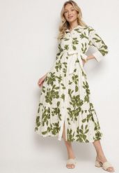 Zielona Bawełniana Sukienka Koszulowa o Rozkloszowanym Kroju z Wiązanym Paskiem Kolorina. Zielone sukienki Born2be, na spotkanie biznesowe, m, z aplikacjami, z bawełny, eleganckie, bez kołnierzyka, bez ramiączek, maxi, koszulowe. W wyprzedaży za 178.49 zł.