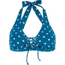 Biustonosz bikini z ramiączkami wiązanymi na szyi, szybko schnący bonprix niebieskozielono-biały w kropki. Bikini marki bonprix. Za 29.99 zł.