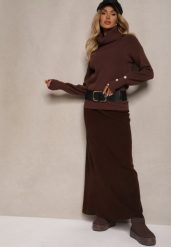 Brązowa Spódnica z Wełną High Waist o Rozkloszowanym Kroju Emirela. Brązowe spódnice Renee, do pracy, uniwersalny, bez wzorów, z materiału, biznesowe, maxi, dopasowane. W wyprzedaży za 63.99 zł.