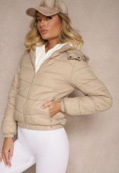 Ciemnobeżowa Kurtka z Odpinanym Kapturem Ozdobiona Pikowaniem Jolvesa. Brązowe kurtki Renee, xl, bez wzorów, z jeansu, eleganckie. Za 89.99 zł.