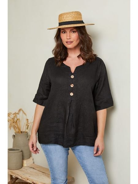 Curvy Lady Lniana bluzka w kolorze czarnym rozmiar: 44/46. Czarne bluzki Curvy Lady, bez wzorów, ze lnu, klasyczne, bez kołnierzyka, bez ramiączek. Za 127.35 zł.