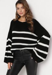 Czarny Dzianinowy Sweter z Długimi Szerokimi Rękawami w Pasy Samsoni. Czarne swetry Born2be, bez wzorów, z dzianiny, bez ramiączek. W wyprzedaży za 76.49 zł.