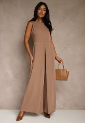 Ciemnobeżowy Taliowany Kombinezon Ozdobiony Zakładkami Berinola. Brązowe sukienki Renee, na imprezę, l, bez wzorów, eleganckie, bez kołnierzyka, bez ramiączek, oversize. Za 149.99 zł.