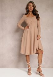 Beżowa Sukienka Midi o Rozkloszowanym Fasonie z Ozdobnymi Guzikami Gerdalia. Brązowe sukienki Renee, l, bez wzorów, eleganckie, bez kołnierzyka, bez ramiączek, midi, rozkloszowane. W wyprzedaży za 111.99 zł.