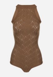 Ciemnobrązowe Body z Wiskozy o Tłoczonej Fakturze Idolina. Brązowe body i gorsety Born2be, bez wzorów, z jeansu, bez ramiączek. Za 119.99 zł.