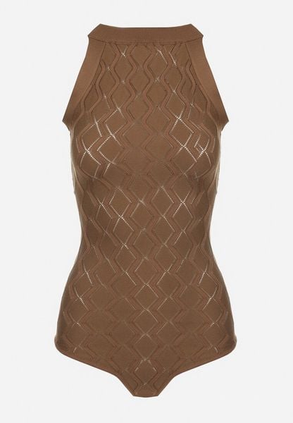 Ciemnobrązowe Body z Wiskozy o Tłoczonej Fakturze Idolina. Brązowe body i gorsety Born2be, bez wzorów, z jeansu, bez ramiączek. Za 119.99 zł.