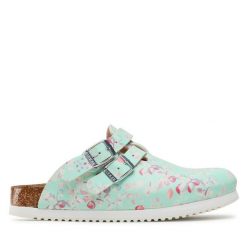 Klapki Birkenstock. Zielone klapki Birkenstock, bez wzorów, bez obcasa, bez zapięcia. Za 499.99 zł.