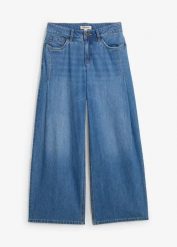 Dżinsy wide leg, mid waist. Niebieskie jeansy bonprix, bez wzorów, z denimu, długie. Za 147.99 zł.