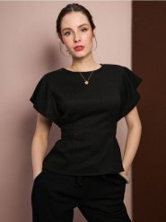 Bluzka z marszczeniem w talii - czarny. Czarne bluzki Sinsay, l, bez wzorów, bez kołnierzyka, bez ramiączek. Za 25.99 zł.