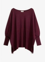 Sweter-peleryna z falistym brzegiem. Czerwone swetry bonprix, bez wzorów, bez ramiączek. Za 134.99 zł.