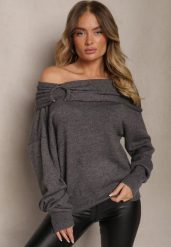 Szary Sweter Off Shoulder z Wiskozą z Ozdobnym Marszczeniem przy Dekolcie Nelilda. Szare swetry Renee, bez wzorów, z jeansu, casualowe, bez ramiączek. W wyprzedaży za 111.99 zł.