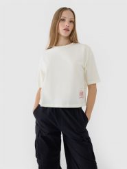 4F T-shirt oversize z nadrukiem damski - biały M. Białe t-shirty 4f, m, bez wzorów, z bawełny, klasyczne, bez kołnierzyka, bez ramiączek. W wyprzedaży za 39.99 zł.