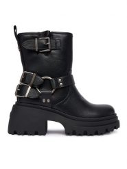 Buffalo Botki Bravr Biker Lo 1220067 Czarny. Czarne botki Buffalo, bez wzorów, ze skóry, bez obcasa, na słupku, bez zapięcia. Za 319.99 zł.