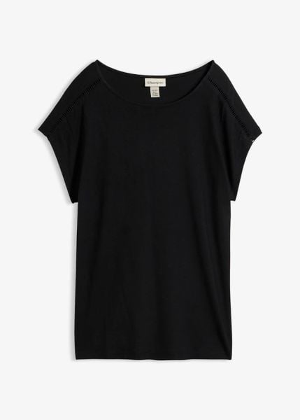 T-shirt z drabinkową koronką. Czarne t-shirty bonprix, bez wzorów, z koronki, bez kołnierzyka, bez ramiączek. Za 67.99 zł.