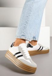 Biało-Czarne Sneakersy Tenisówki z Ozdobnymi Paskami Mirnelis. Białe trampki Born2be, bez wzorów, z jeansu, eleganckie, bez zapięcia. W wyprzedaży za 84.99 zł.