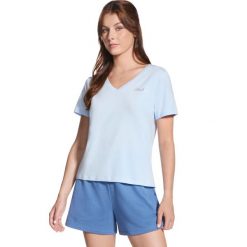 T-shirt sportowy z krótkim rękawem damski Signature V-Neck Tee. Niebieskie t-shirty sportowe Skechers, m, bez wzorów, z bawełny, bez ramiączek, trekkingowe. Za 159.99 zł.
