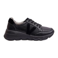 Skórzane Buty Sportowe Damskie Vinceza 7918 Czarne. Czarne buty treningowe bez wzorów, ze skóry, bez zapięcia. Za 238.14 zł.