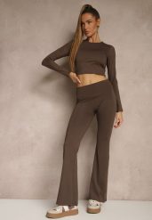 Brązowe Legginsy Dzwony High Waist Orruvana. Brązowe legginsy Renee, bez wzorów, z jeansu. W wyprzedaży za 47.99 zł.