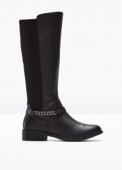 Kozaki. Czarne kozaki bonprix, bez wzorów, bez obcasa, bez zapięcia. Za 219.99 zł.