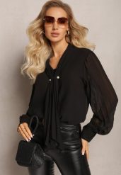 Czarna Bluzka z Wiązaniem wokół Szyi i Plisowanym Rękawem Henokia. Czarne bluzki Renee, bez wzorów, eleganckie, bez kołnierzyka, bez ramiączek. W wyprzedaży za 83.99 zł.